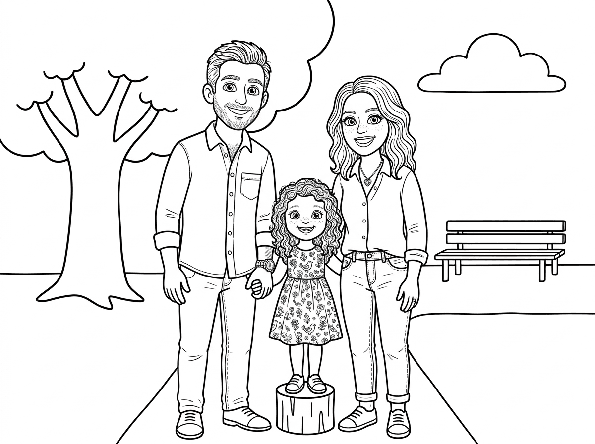 A mesma família desenhada como página para colorir