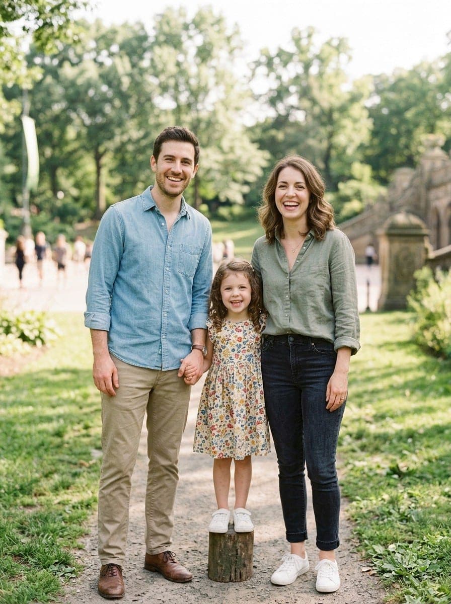 Foto de exemplo: pai, mãe e filha num parque