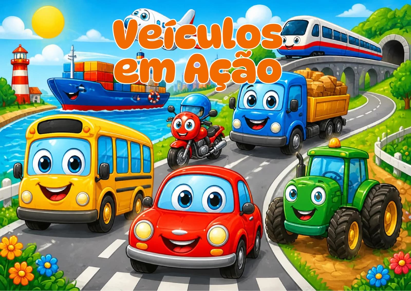 Capa do livro Veículos em Ação: Desenhos para Colorir